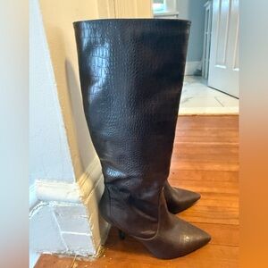 Express Dark Brown Croc-Embossed Heeled Boots